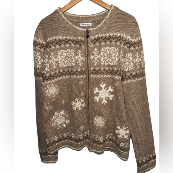 CARDIGAN SWEATER Zip Up CROFT & BARROW tan white SNOWFLAKES medium - Picture 3 of 13